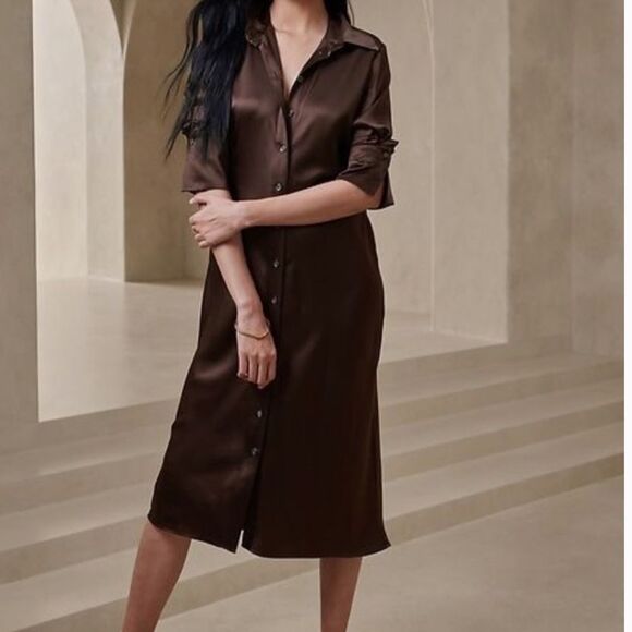 New Banana Republic Brown Enchant 100% Silk Long Sleeve Shirtdress Size XS - Picture 1 of 12